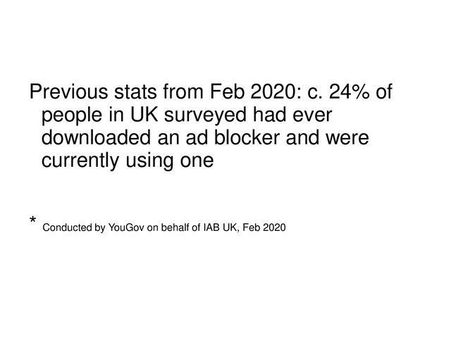 Previous stats from Feb 2020: c. 24% of
people in UK surveyed had ever
downloaded an ad blocker and were
currently using one
* Conducted by YouGov on behalf of IAB UK, Feb 2020
