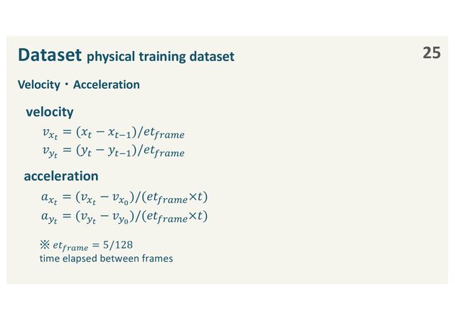 Velocity・Acceleration
Dataset physical training dataset 25
velocity
acceleration
𝑎!"
= (𝑣!"
− 𝑣!#
)/(𝑒𝑡"#$%&×𝑡)
𝑎'"
= (𝑣'"
− 𝑣'#
)/(𝑒𝑡"#$%&×𝑡)
※ 𝑒𝑡()*+, = 5/128
time elapsed between frames
𝑣!"
= (𝑥( − 𝑥()*)/𝑒𝑡"#$%&
𝑣'"
= (𝑦(
− 𝑦()*
)/𝑒𝑡"#$%&
