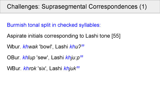 Challenges: Suprasegmental Correspondences (1)
Burmish tonal split in checked syllables:
Aspirate initials corresponding to Lashi tone [55]
Wbur. khwak 'bowl', Lashi khuʔ
OBur. khlup 'sew', Lashi khju:p
WBur. khrok 'six', Lashi khjuk
