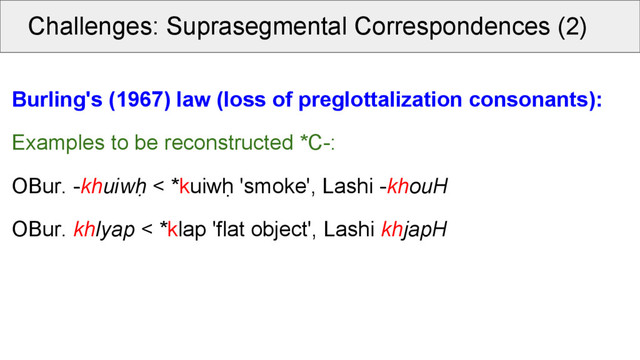 Challenges: Suprasegmental Correspondences (2)
Burling's (1967) law (loss of preglottalization consonants):
Examples to be reconstructed *C-:
OBur. -khuiwḥ < *kuiwḥ 'smoke', Lashi -khouH
OBur. khlyap < *klap 'flat object', Lashi khjapH
