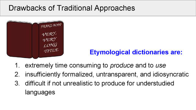 Drawbacks of Traditional Approaches
Etymological dictionaries are:
1. extremely time consuming to produce and to use
2. insufficiently formalized, untransparent, and idiosyncratic
3. difficult if not unrealistic to produce for understudied
languages
