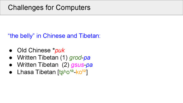 Challenges for Computers
“the belly” in Chinese and Tibetan:
● Old Chinese *puk
● Written Tibetan (1) grod-pa
● Written Tibetan (2) gsus-pa
● Lhasa Tibetan [tʂʰo¹³-ko ²]
