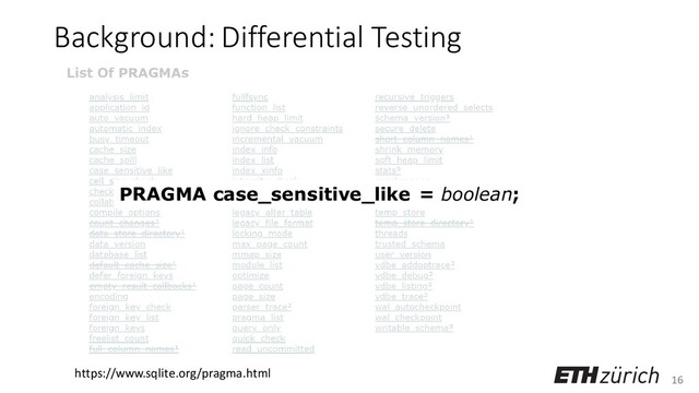 16
Background: Differential Testing
https://www.sqlite.org/pragma.html
PRAGMA case_sensitive_like = boolean;
