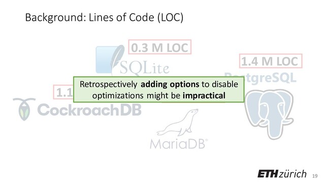 19
Background: Lines of Code (LOC)
PostgreSQL
0.3 M LOC
3.6 M LOC
1.4 M LOC
1.1 M LOC
Retrospectively adding options to disable
optimizations might be impractical
