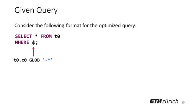 25
Given Query
Consider the following format for the optimized query:
SELECT * FROM t0
WHERE φ;
t0.c0 GLOB '-*'

