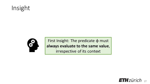 27
Insight
First Insight: The predicate φ must
always evaluate to the same value,
irrespective of its context
