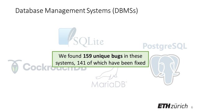 6
PostgreSQL
Database Management Systems (DBMSs)
We found 159 unique bugs in these
systems, 141 of which have been fixed
