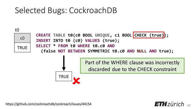 62
Selected Bugs: CockroachDB
CREATE TABLE t0(c0 BOOL UNIQUE, c1 BOOL CHECK (true));
INSERT INTO t0 (c0) VALUES (true);
SELECT * FROM t0 WHERE t0.c0 AND
(false NOT BETWEEN SYMMETRIC t0.c0 AND NULL AND true);
c0
TRUE
t0
https://github.com/cockroachdb/cockroach/issues/44154

TRUE
Part of the WHERE clause was incorrectly
discarded due to the CHECK constraint
