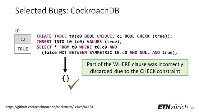 63
Selected Bugs: CockroachDB
CREATE TABLE t0(c0 BOOL UNIQUE, c1 BOOL CHECK (true));
INSERT INTO t0 (c0) VALUES (true);
SELECT * FROM t0 WHERE t0.c0 AND
(false NOT BETWEEN SYMMETRIC t0.c0 AND NULL AND true);
c0
TRUE
t0
https://github.com/cockroachdb/cockroach/issues/44154
Part of the WHERE clause was incorrectly
discarded due to the CHECK constraint
✓
{}
