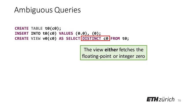 70
Ambiguous Queries
CREATE TABLE t0(c0);
INSERT INTO t0(c0) VALUES (0.0), (0);
CREATE VIEW v0(c0) AS SELECT DISTINCT c0 FROM t0;
The view either fetches the
floating-point or integer zero
