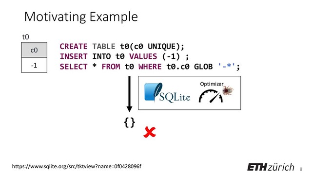 8
Motivating Example
CREATE TABLE t0(c0 UNIQUE);
INSERT INTO t0 VALUES (-1) ;
SELECT * FROM t0 WHERE t0.c0 GLOB '-*';
c0
-1
t0
{} 
Optimizer
https://www.sqlite.org/src/tktview?name=0f0428096f
