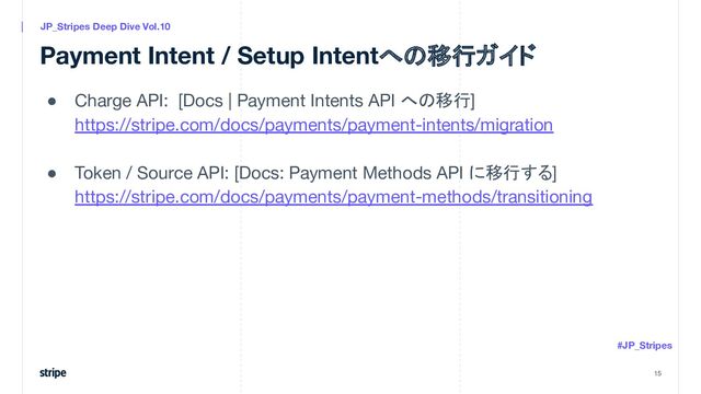 Payment Intent / Setup Intentへの移行ガイド
● Charge API: [Docs | Payment Intents API への移行]
https://stripe.com/docs/payments/payment-intents/migration
● Token / Source API: [Docs: Payment Methods API に移行する]
https://stripe.com/docs/payments/payment-methods/transitioning
15
JP_Stripes Deep Dive Vol.10
#JP_Stripes
