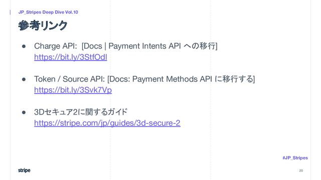 参考リンク
● Charge API: [Docs | Payment Intents API への移行]
https://bit.ly/3StfOdl
● Token / Source API: [Docs: Payment Methods API に移行する]
https://bit.ly/3Svk7Vp
● 3Dセキュア2に関するガイド
https://stripe.com/jp/guides/3d-secure-2
20
JP_Stripes Deep Dive Vol.10
#JP_Stripes
