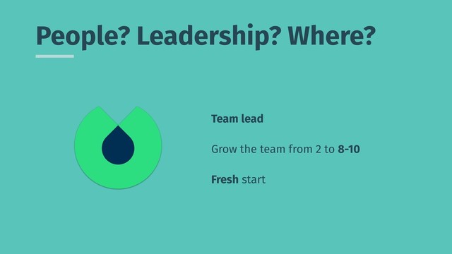 People? Leadership? Where?
Team lead
Grow the team from 2 to 8-10
Fresh start
