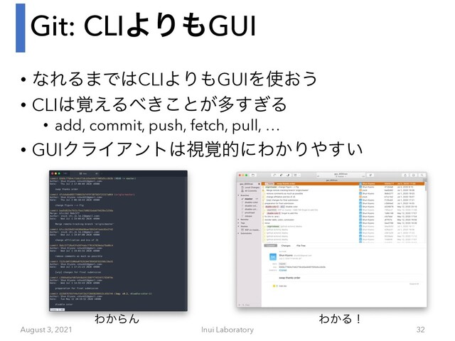 Git: CLIΑΓ΋GUI
August 3, 2021 Inui Laboratory 32
• ͳΕΔ·Ͱ͸CLIΑΓ΋GUIΛ࢖͓͏
• CLI͸֮͑Δ΂͖͜ͱ͕ଟ͗͢Δ
• add, commit, push, fetch, pull, …
• GUIΫϥΠΞϯτ͸ࢹ֮తʹΘ͔Γ΍͍͢
Θ͔ΒΜ Θ͔Δʂ
