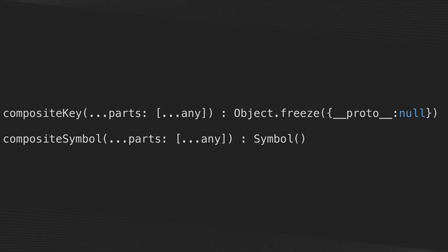 compositeKey(...parts: [...any]) : Object.freeze({__proto__:null})
compositeSymbol(...parts: [...any]) : Symbol()
