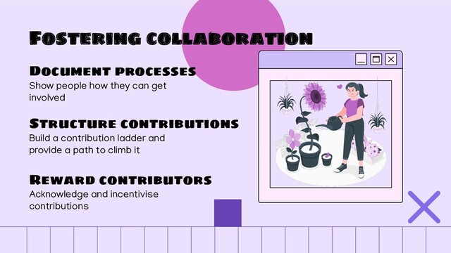 Fostering collaboration
Document processes
Show people how they can get
involved
Structure contributions
Build a contribution ladder and
provide a path to climb it
Reward contributors
Acknowledge and incentivise
contributions
