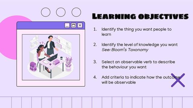 Learning objectives
1. Identify the thing you want people to
learn
2. Identify the level of knowledge you want
See: Bloom’s Taxonomy
3. Select an observable verb to describe
the behaviour you want
4. Add criteria to indicate how the outcome
will be observable
