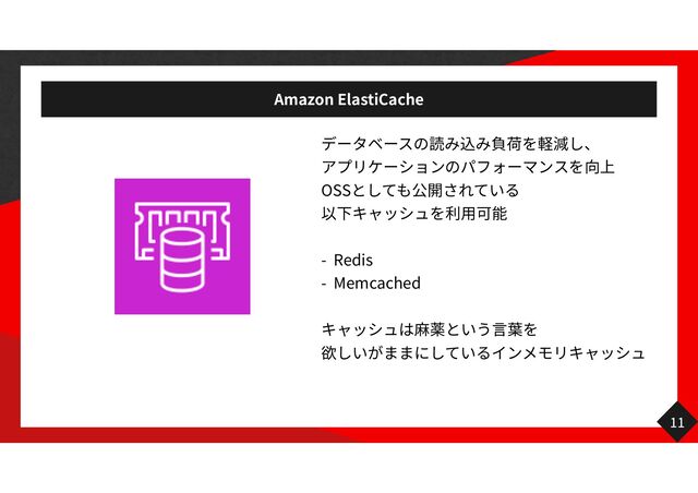 Amazon ElastiCache
OSS
用
- Redis
- Memcached
麻 言
11
