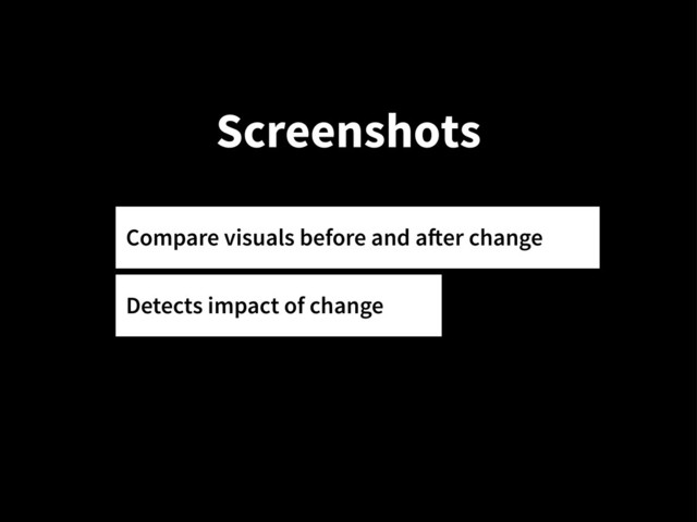 Screenshots
Compare visuals before and a"er change
Detects impact of change
