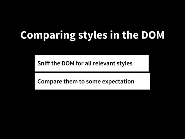 Comparing styles in the DOM
Sniﬀ the DOM for all relevant styles
Compare them to some expectation
