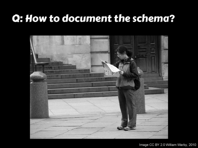 Q: How to document the schema?
Image CC BY 2.0 William Warby, 2010

