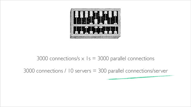 3000 connections/s x 1s = 3000 parallel connections
3000 connections / 10 servers = 300 parallel connections/server
