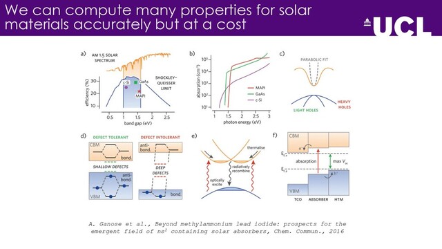 We can compute many properties for solar
materials accurately but at a cost
A. Ganose et al., Beyond methylammonium lead iodide: prospects for the
emergent field of ns2 containing solar absorbers, Chem. Commun., 2016
