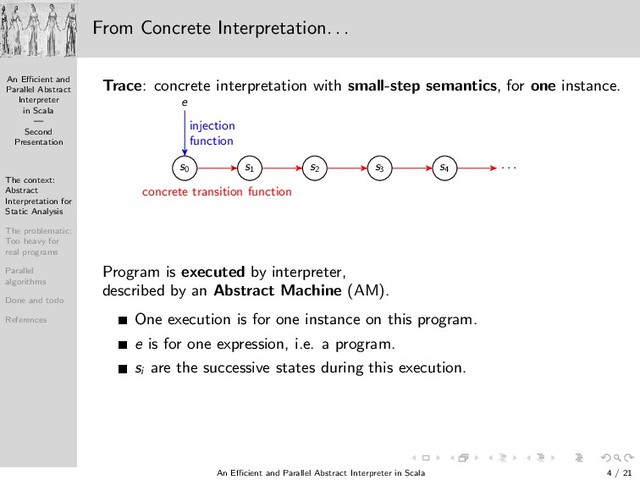 An Eﬃcient and
Parallel Abstract
Interpreter
in Scala
—
Second
Presentation
The context:
Abstract
Interpretation for
Static Analysis
The problematic:
Too heavy for
real programs
Parallel
algorithms
Done and todo
References
From Concrete Interpretation. . .
Trace: concrete interpretation with small-step semantics, for one instance.
e
s0 s1 s2 s3 s4 · · ·
injection
function
concrete transition function
Program is executed by interpreter,
described by an Abstract Machine (AM).
One execution is for one instance on this program.
e is for one expression, i.e. a program.
si
are the successive states during this execution.
An Eﬃcient and Parallel Abstract Interpreter in Scala — Second Presentation 4 / 21
