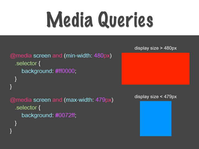 Media Queries
@media screen and (min-width: 480px)
.selector {
background: #ff0000;
}
}
@media screen and (max-width: 479px)
.selector {
background: #0072ff;
}
}









display size > 480px
display size < 479px
