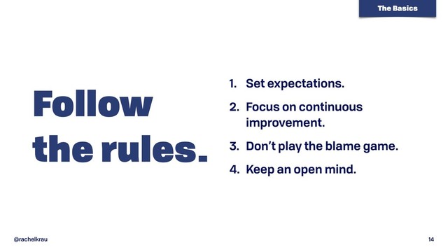 @rachelkrau 14
Follow  
the rules.
1. Set expectations.
2. Focus on continuous
improvement.
3. Don’t play the blame game.
4. Keep an open mind.
The Basics
