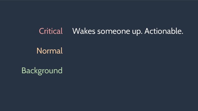 Critical
Normal
Background
Wakes someone up. Actionable.
