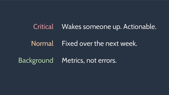 Critical
Normal
Background
Wakes someone up. Actionable.
Fixed over the next week.
Metrics, not errors.
