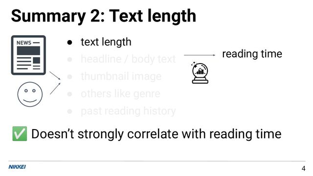Summary 2: Text length
4
● text length
● headline / body text
● thumbnail image
● others like genre
● past reading history
reading time
✅ Doesn’t strongly correlate with reading time
