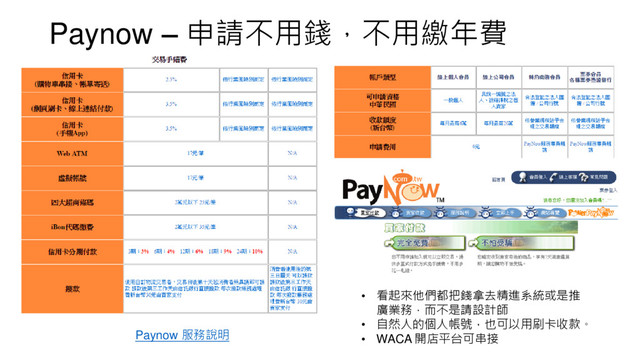 Paynow – 申請不用錢，不用繳年費
• 看起來他們都把錢拿去精進系統或是推
廣業務，而不是請設計師
• 自然人的個人帳號，也可以用刷卡收款。
• WACA 開店平台可串接
Paynow 服務說明
