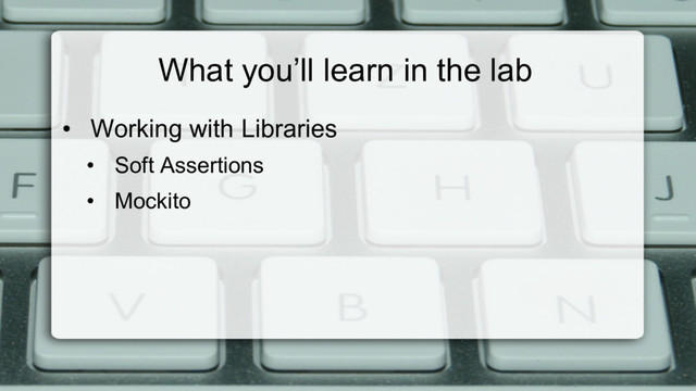 What you’ll learn in the lab
•  Working with Libraries
•  Soft Assertions
•  Mockito
