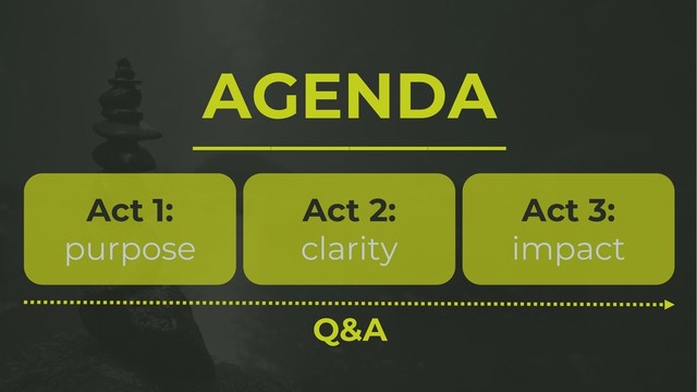 AGENDA
________________
Q&A
Act 1:
purpose
Act 2:
clarity
Act 3:
impact
