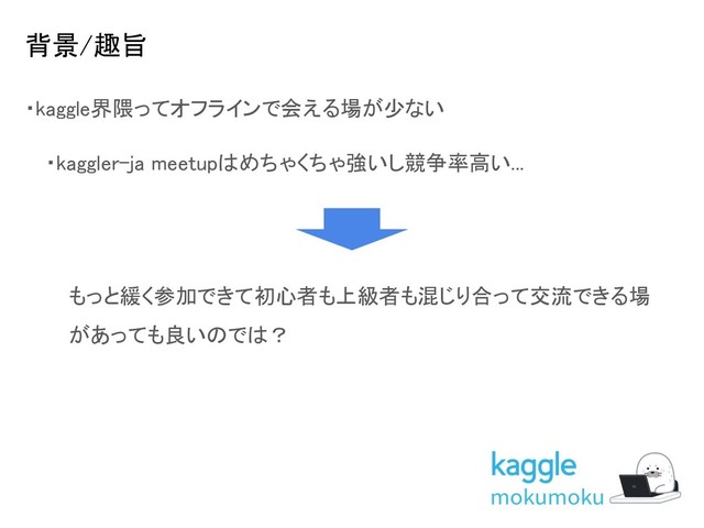 背景/趣旨 
・kaggle界隈ってオフラインで会える場が少ない 
　・kaggler-ja meetupはめちゃくちゃ強いし競争率高い... 
もっと緩く参加できて初心者も上級者も混じり合って交流できる場
があっても良いのでは？
