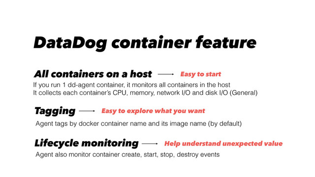 DataDog container feature
Agent tags by docker container name and its image name (by default)
Tagging
All containers on a host
If you run 1 dd-agent container, it monitors all containers in the host
It collects each container’s CPU, memory, network I/O and disk I/O (General)
Lifecycle monitoring
Agent also monitor container create, start, stop, destroy events
Easy to start
Easy to explore what you want
Help understand unexpected value
