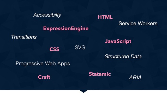 HTML
Craft
CSS
Statamic
JavaScript
ExpressionEngine
Progressive Web Apps
Accessibilty
Transitions
ARIA
Service Workers
Structured Data
SVG
