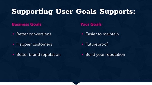 • Better conversions
• Happier customers
• Better brand reputation
• Easier to maintain
• Futureproof
• Build your reputation
Supporting User Goals Supports:
Business Goals Your Goals
