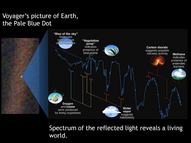 Voyager’s picture of Earth,
the Pale Blue Dot
Spectrum of the reflected light reveals a living
world.
