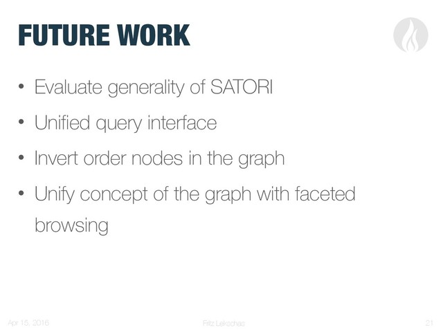 Fritz Lekschas
FUTURE WORK
• Evaluate generality of SATORI
• Unified query interface
• Invert order nodes in the graph
• Unify concept of the graph with faceted
browsing
Apr 15, 2016 !21
