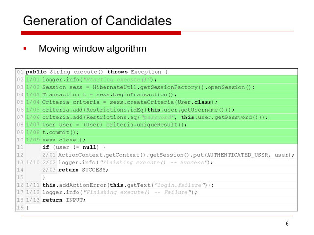 Generation of Candidates
 Moving window algorithm
6
01 public String execute() throws Exception {
02 1/01 logger.info("Starting execute()");
03 1/02 Session sess = HibernateUtil.getSessionFactory().openSession();
04 1/03 Transaction t = sess.beginTransaction();
05 1/04 Criteria criteria = sess.createCriteria(User.class);
06 1/05 criteria.add(Restrictions.idEq(this.user.getUsername()));
07 1/06 criteria.add(Restrictions.eq("password", this.user.getPassword()));
08 1/07 User user = (User) criteria.uniqueResult();
09 1/08 t.commit();
10 1/09 sess.close();
11
1/10
if (user != null) {
12 2/01 ActionContext.getContext().getSession().put(AUTHENTICATED_USER, user);
13 2/02 logger.info("Finishing execute() -- Success");
14 2/03 return SUCCESS;
15 }
16 1/11 this.addActionError(this.getText("login.failure"));
17 1/12 logger.info("Finishing execute() -- Failure");
18 1/13 return INPUT;
19 }
