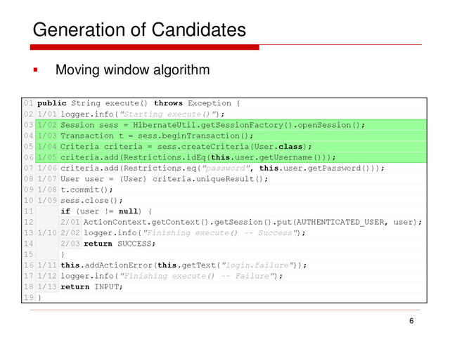 Generation of Candidates
 Moving window algorithm
6
01 public String execute() throws Exception {
02 1/01 logger.info("Starting execute()");
03 1/02 Session sess = HibernateUtil.getSessionFactory().openSession();
04 1/03 Transaction t = sess.beginTransaction();
05 1/04 Criteria criteria = sess.createCriteria(User.class);
06 1/05 criteria.add(Restrictions.idEq(this.user.getUsername()));
07 1/06 criteria.add(Restrictions.eq("password", this.user.getPassword()));
08 1/07 User user = (User) criteria.uniqueResult();
09 1/08 t.commit();
10 1/09 sess.close();
11
1/10
if (user != null) {
12 2/01 ActionContext.getContext().getSession().put(AUTHENTICATED_USER, user);
13 2/02 logger.info("Finishing execute() -- Success");
14 2/03 return SUCCESS;
15 }
16 1/11 this.addActionError(this.getText("login.failure"));
17 1/12 logger.info("Finishing execute() -- Failure");
18 1/13 return INPUT;
19 }
