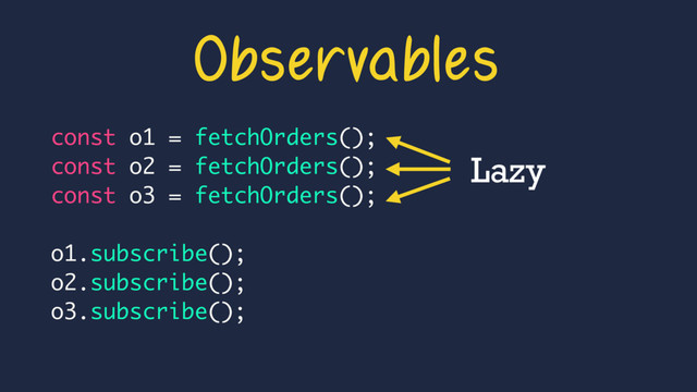 Observables
Lazy
const o1 = fetchOrders();
const o2 = fetchOrders();
const o3 = fetchOrders();
o1.subscribe();
o2.subscribe();
o3.subscribe();
