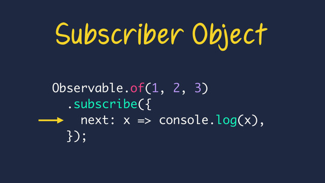 Observable.of(1, 2, 3)
.subscribe({
next: x => console.log(x),
});
Subscriber Object
