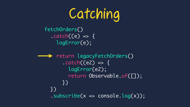fetchOrders()
.catch((e) => {
logError(e);
return legacyFetchOrders()
.catch((e2) => {
logError(e2);
return Observable.of([]);
})
})
.subscribe(x => console.log(x));
Catching
