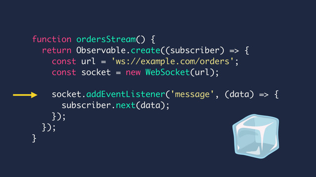 function ordersStream() {
return Observable.create((subscriber) => {
const url = 'ws://example.com/orders';
const socket = new WebSocket(url);
socket.addEventListener('message', (data) => {
subscriber.next(data);
});
});
}
