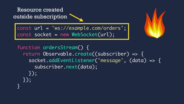 const url = 'ws://example.com/orders';
const socket = new WebSocket(url);
function ordersStream() {
return Observable.create((subscriber) => {
socket.addEventListener('message', (data) => {
subscriber.next(data);
});
});
}
Resource created
outside subscription
